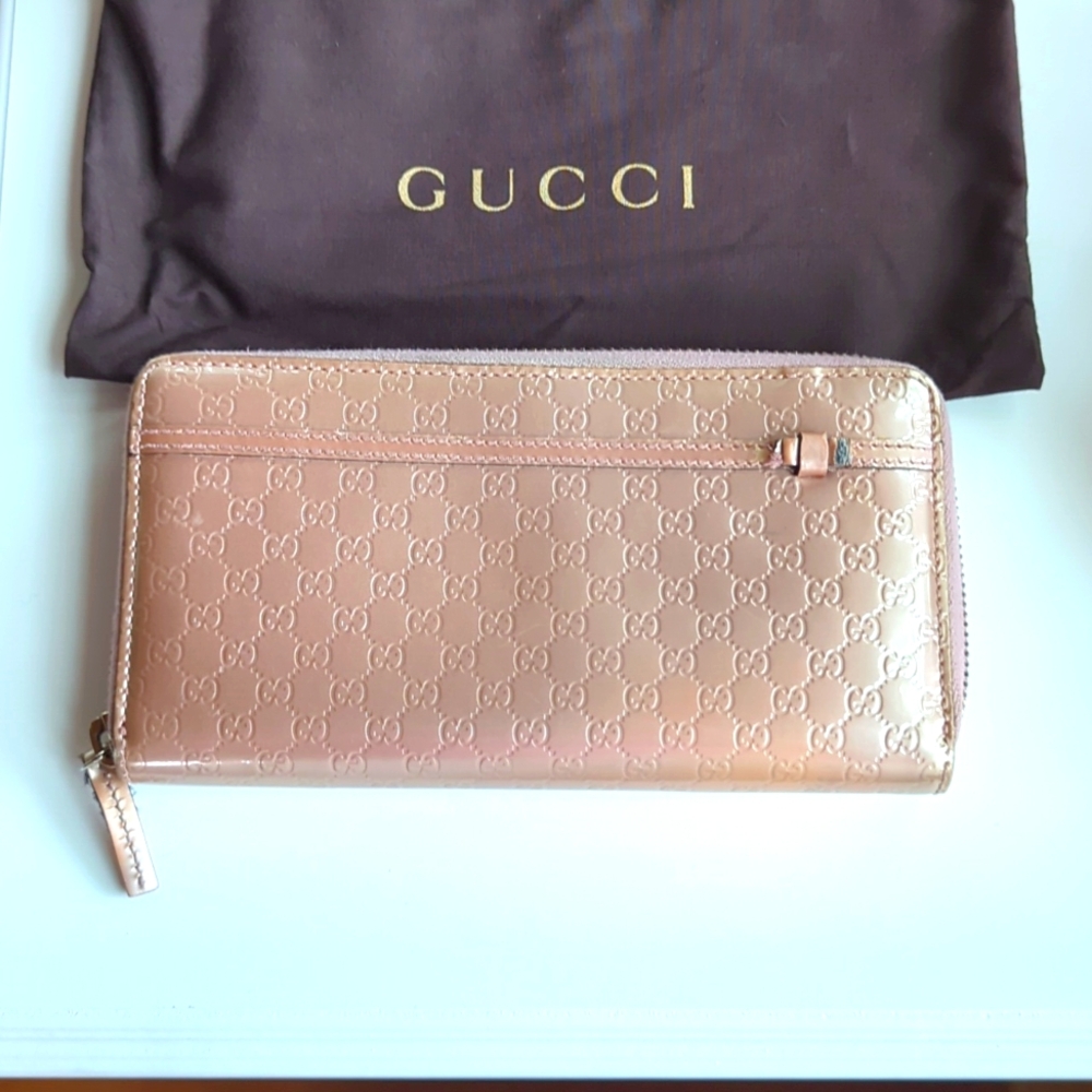 Authentic Gucci Zip Purse Micro Shima Wallet GG Pink Patent Leather Italy - Picture 8 of 13